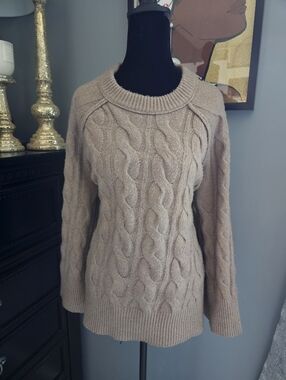 Pink Rose Cable Knit Crew Sweater - Beige